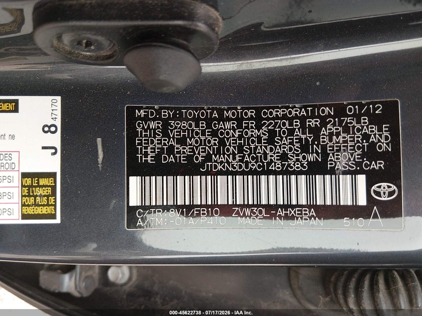 2012 Toyota Prius VIN JTDKN3DU9C1487383 IAAI salvage auction — FRONT END, Clear (New Jersey), sold $375 on 2026-07-21 (photo 9)
