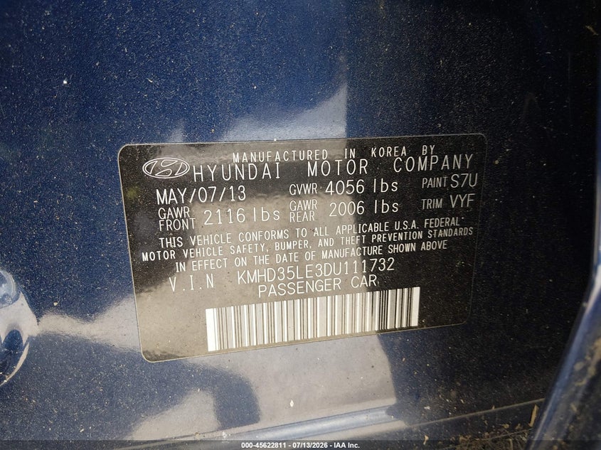 2013 Hyundai VIN KMHD35LE3DU111732 IAAI salvage auction — NORMAL WEAR, Clear (Maryland), sold $4,700 on 2026-07-16 (photo 9)