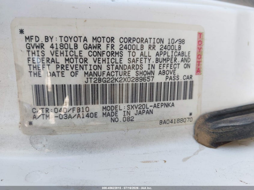 1999 Toyota Camry VIN JT2BG22K2X0289657 IAAI salvage auction — NORMAL WEAR, Clear (New Mexico), sold $25 on 2026-07-29 (photo 9)