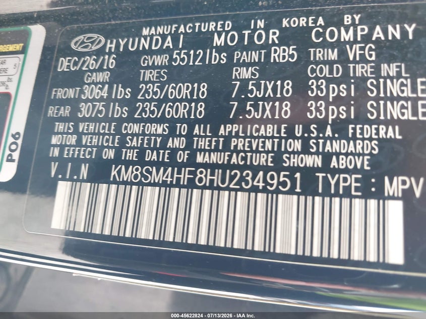 2017 Hyundai Santa fe VIN KM8SM4HF8HU234951 IAAI salvage auction — NORMAL WEAR, Clear (Connecticut), sold $1,850 on 2026-07-29 (photo 9)