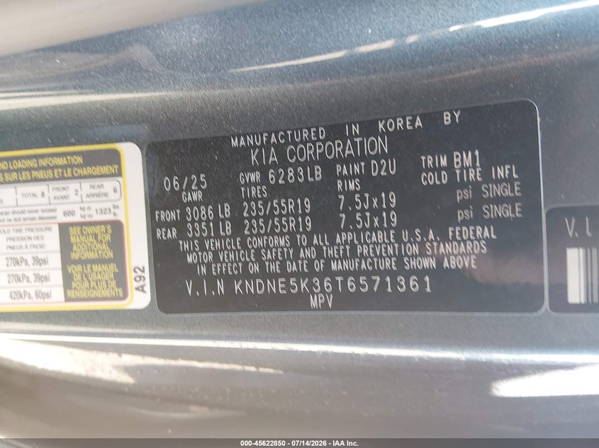 2026 Kia Carnival VIN KNDNE5K36T6571361 IAAI salvage auction — RIGHT FRONT, Salvage (Arkansas), sold $18,950 on 2026-08-26 (photo 9)