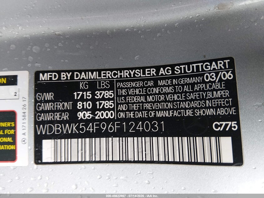 2006 Mercedes-benz Slk-class VIN WDBWK54F96F124031 IAAI salvage auction — SIDE, Salvage (Texas), sold $875 on 2026-08-12 (photo 9)