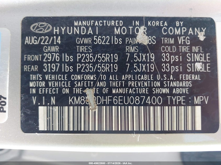 2014 Hyundai Santa fe VIN KM8SRDHF6EU087400 IAAI salvage auction — HAIL, Junk Bill Of Sale Mv2459 (Wisconsin), sold $1,700 on 2026-07-29 (photo 9)