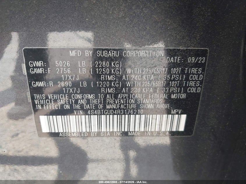 2024 Subaru Outback VIN 4S4BTGUD4R3176210 IAAI salvage auction — SIDE, Salvage Title, sold $8,500 on 2026-07-28 (photo 9)