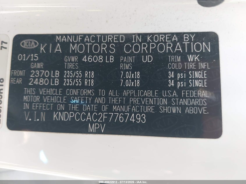 2015 Kia Sportage VIN KNDPCCAC2F7767493 IAAI salvage auction — FRONT END, Salvage Title, sold $1,150 on 2026-08-02 (photo 9)