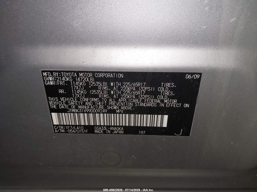 2009 Toyota Rav4 VIN JTMBK31V99D009249 IAAI salvage auction — NORMAL WEAR, Clear (Pennsylvania), sold $2,250 on 2026-07-16 (photo 9)