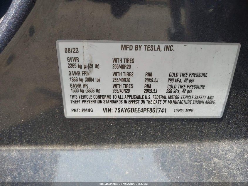 2023 Tesla Model y VIN 7SAYGDEE4PF861741 IAAI salvage auction — SIDE, Salvage (Idaho), sold $10,200 on 2026-08-02 (photo 9)