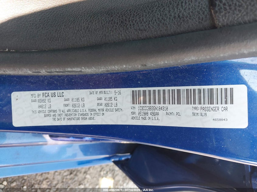 2016 Chrysler 200 VIN 1C3CCCBB3GN184310 IAAI salvage auction — REAR END, Salvage Title, sold $650 on 2026-07-31 (photo 9)