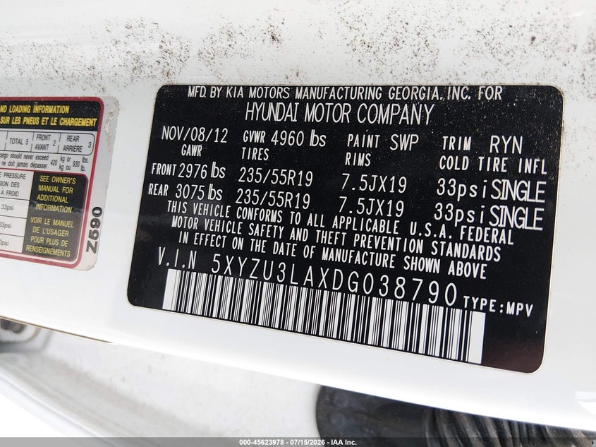 2013 Hyundai Santa fe VIN 5XYZU3LAXDG038790 IAAI salvage auction — NORMAL WEAR, Clear (Illinois), sold $2,850 on 2026-07-20 (photo 9)
