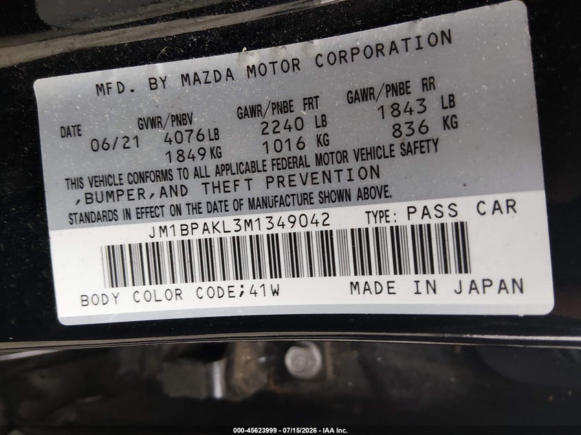 2021 Mazda 3 VIN JM1BPAKL3M1349042 IAAI salvage auction — SIDE, Salvage (Georgia), sold $4,050 on 2026-09-08 (photo 9)