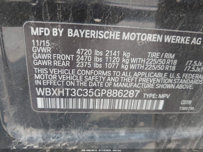 2016 BMW X1 VIN WBXHT3C35GP886287 IAAI salvage auction — NORMAL WEAR, Clear (Virginia), sold $1,775 on 2026-07-28 (photo 9)