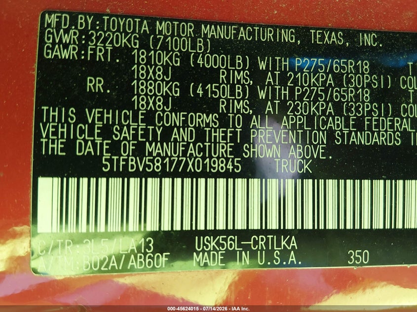 2007 Toyota Tundra VIN 5TFBV58177X019845 IAAI salvage auction — FRONT END, Salvage (North Carolina), sold $3,550 on 2026-08-02 (photo 9)