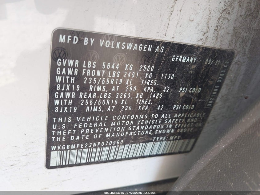 2022 Volkswagen Id.4 VIN WVGRMPE22NP070950 IAAI salvage auction — LEFT SIDE, Salvage (Massachusetts), sold $7,175 on 2026-08-14 (photo 9)