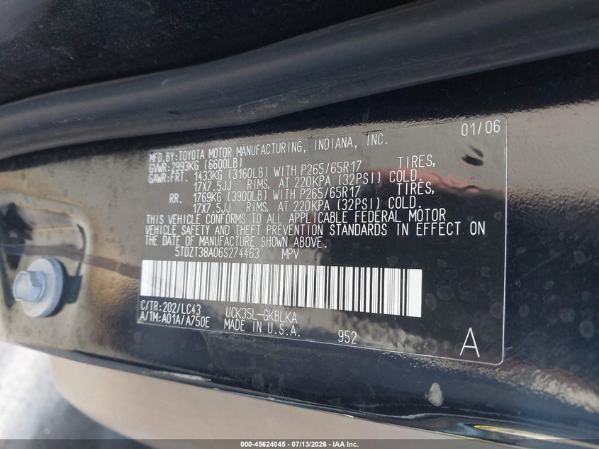 2006 Toyota Sequoia VIN 5TDZT38A06S274463 IAAI salvage auction — NORMAL WEAR, Clear - Dealer Only (California), sold $825 on 2026-07-30 (photo 9)