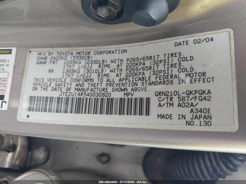 2004 Toyota 4runner VIN JTEZU14R540030820 IAAI salvage auction — NORMAL WEAR, Clear (South Carolina), sold $725 on 2026-07-28 (photo 9)