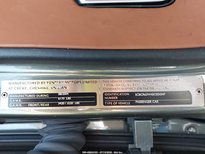 2005 Bentley Continental VIN SCBCR63W45C024347 IAAI salvage auction — UNKNOWN, Salvage (Florida), sold $5,800 on 2026-07-29 (photo 9)