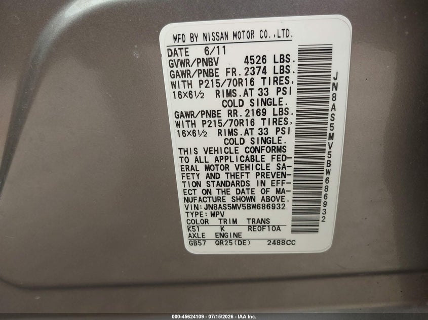 2011 Nissan Rogue sport VIN JN8AS5MV5BW686932 IAAI salvage auction — NORMAL WEAR, Clear (New York), sold $25 on 2026-07-28 (photo 9)