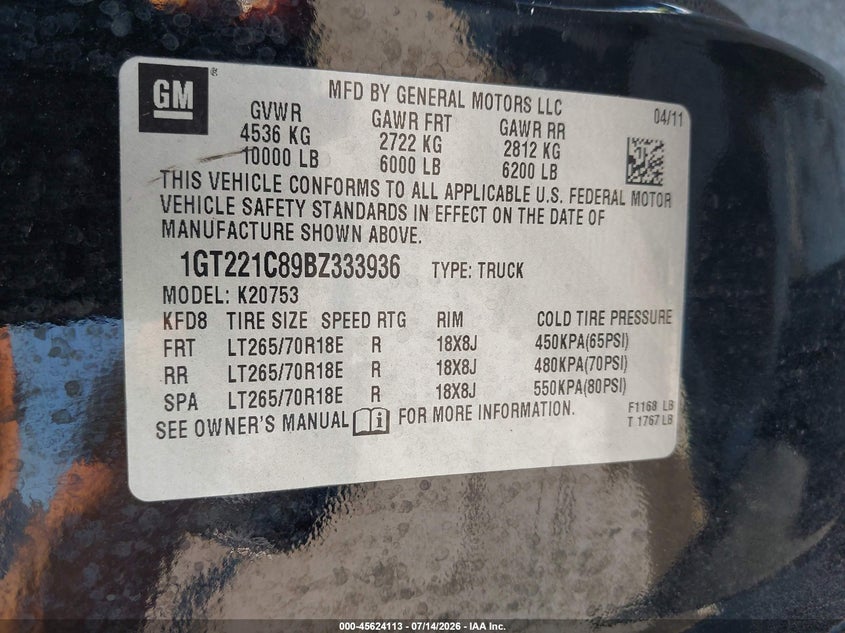 2011 Gmc SIERRA VIN 1GT221C89BZ333936 IAAI salvage auction — LEFT FRONT, Salvage (Illinois), sold $3,000 on 2026-08-29 (photo 9)