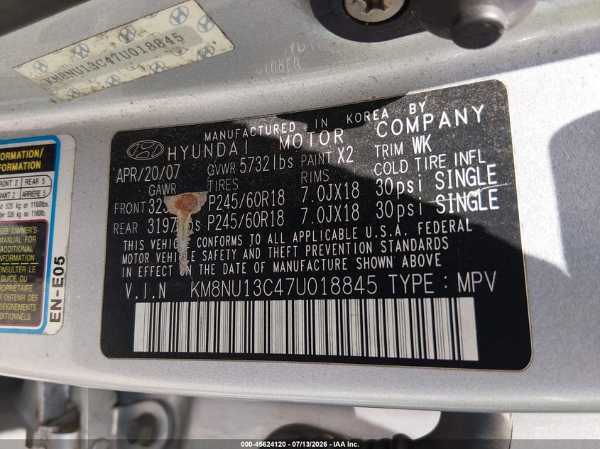 2007 Hyundai Veracruz VIN KM8NU13C47U018845 IAAI salvage auction — NORMAL WEAR, Clear (New Jersey), sold $25 on 2026-07-21 (photo 9)
