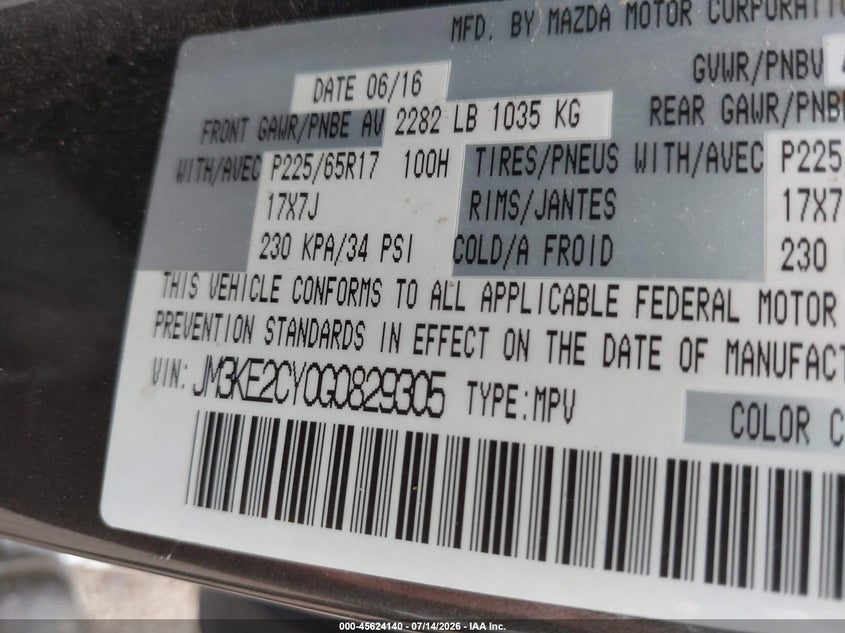 2016 Mazda Cx-5 VIN JM3KE2CY0G0829305 IAAI salvage auction — NORMAL WEAR, Original (Texas), sold $1,850 on 2026-07-29 (photo 9)