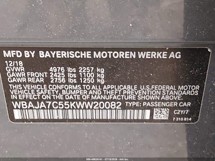 2019 BMW 5er VIN WBAJA7C55KWW20082 IAAI salvage auction — FRONT END, Salvage Title, sold $3,300 on 2026-08-04 (photo 9)