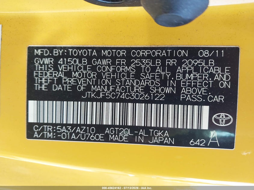 2012 Scion Tc VIN JTKJF5C74C3026122 IAAI salvage auction — NORMAL WEAR, Salvage Title, sold $25 on 2026-07-22 (photo 9)
