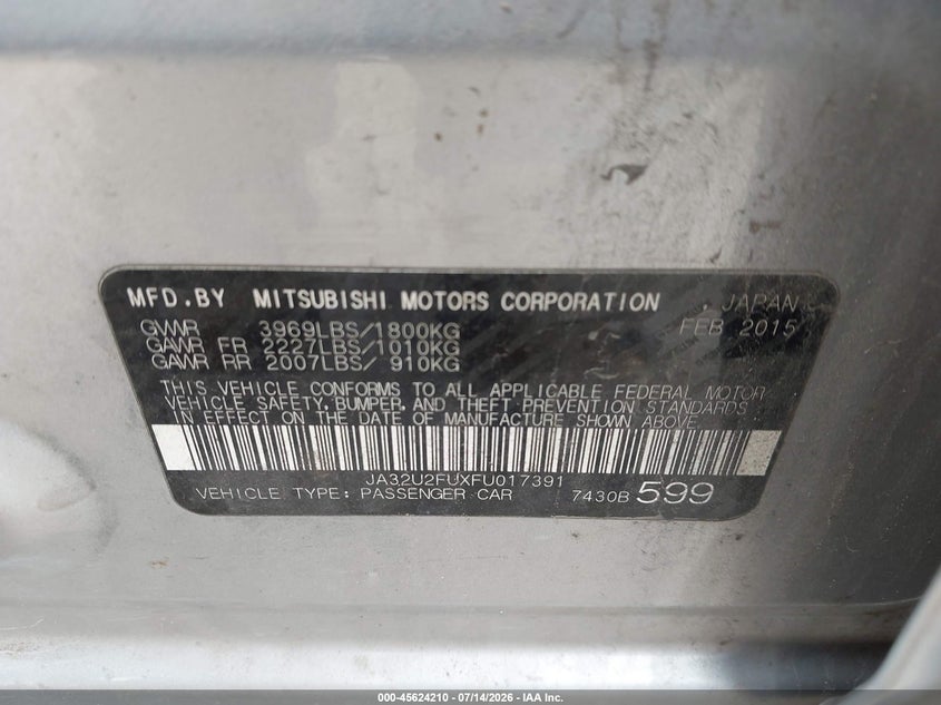 2015 Mitsubishi Lancer VIN JA32U2FUXFU017391 IAAI salvage auction — NORMAL WEAR, Original (Texas), sold $325 on 2026-07-29 (photo 9)