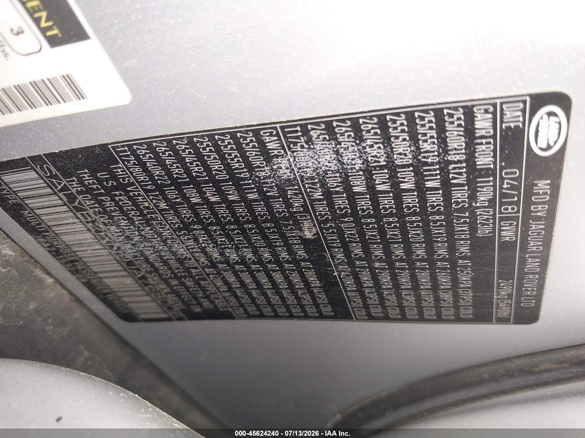 2018 Land rover Range rover velar VIN SALYB2RN9JA768006 IAAI salvage auction — UNKNOWN, Previously Damaged (North Dakota), sold $11,000 on 2026-07-24 (photo 9)