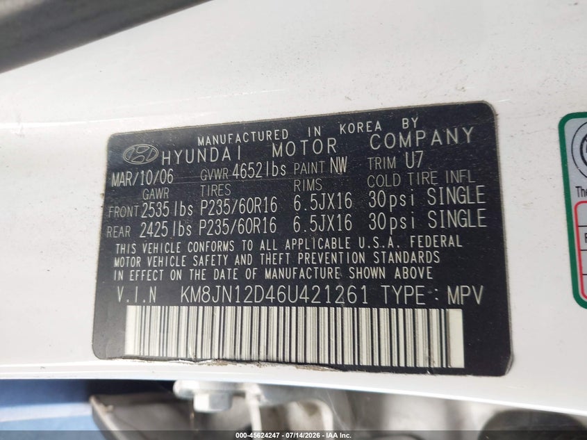 2006 Hyundai Tucson VIN KM8JN12D46U421261 IAAI salvage auction — NORMAL WEAR, Clear - Dealer Only (California), sold $675 on 2026-07-22 (photo 9)