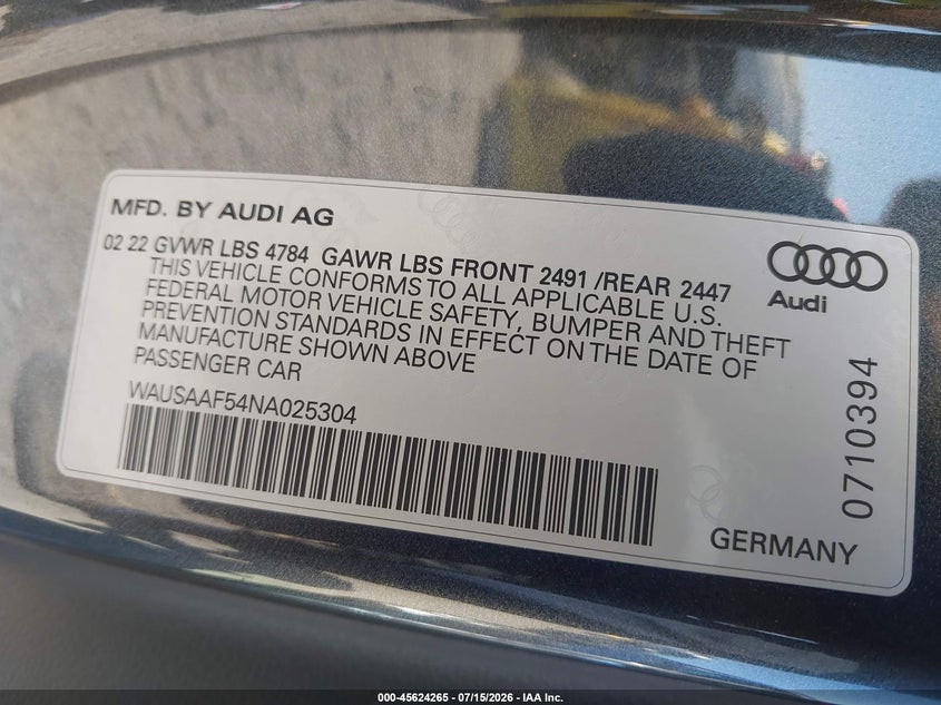 2022 Audi A5 VIN WAUSAAF54NA025304 IAAI salvage auction — REAR END, Salvage Title, sold $7,700 on 2026-08-19 (photo 9)