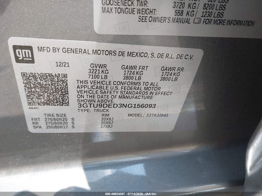 2022 Gmc SIERRA VIN 3GTU9DED3NG156093 IAAI salvage auction — LEFT FRONT, Salvage (Illinois), sold $12,300 on 2026-08-24 (photo 9)