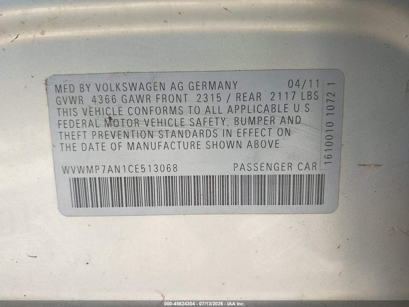 2012 Volkswagen Passat cc VIN WVWMP7AN1CE513068 IAAI salvage auction — NORMAL WEAR, Original (Maine), sold $25 on 2026-07-27 (photo 9)
