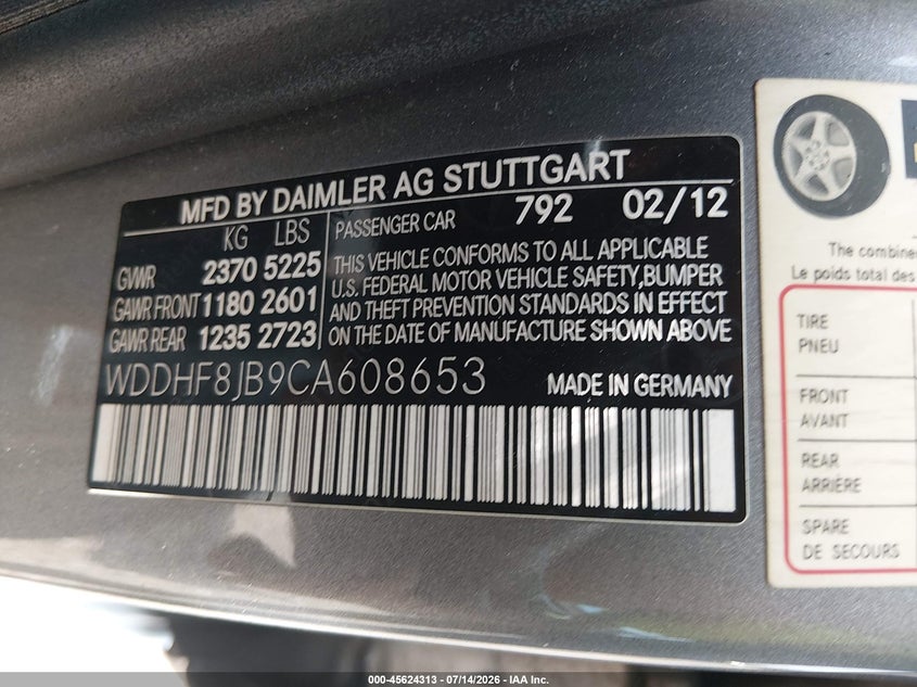 2012 Mercedes-benz E-klasse VIN WDDHF8JB9CA608653 IAAI salvage auction — LEFT FRONT, Salvage Title, sold $1,250 on 2026-07-17 (photo 9)