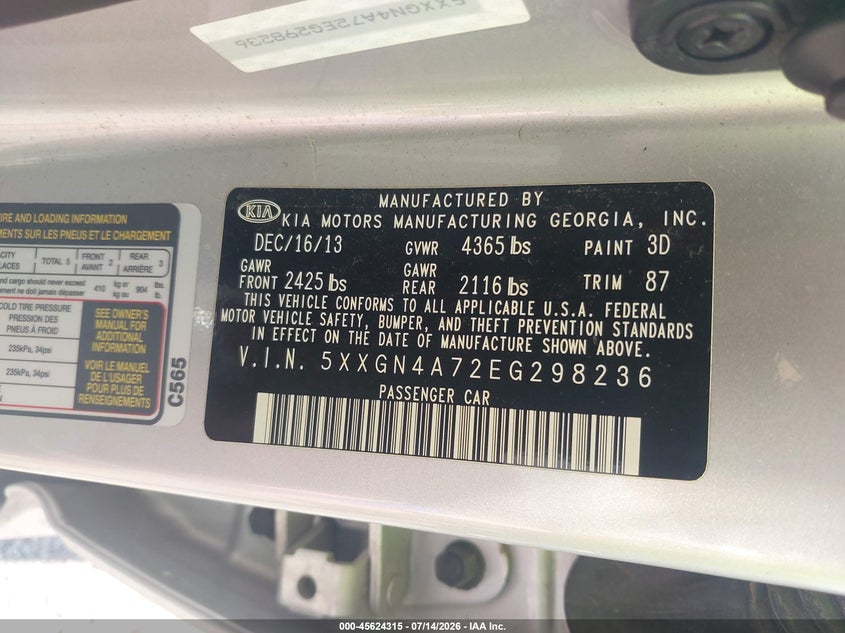 2014 Kia Optima VIN 5XXGN4A72EG298236 IAAI salvage auction — NORMAL WEAR, Clear (Illinois), sold $775 on 2026-07-27 (photo 9)