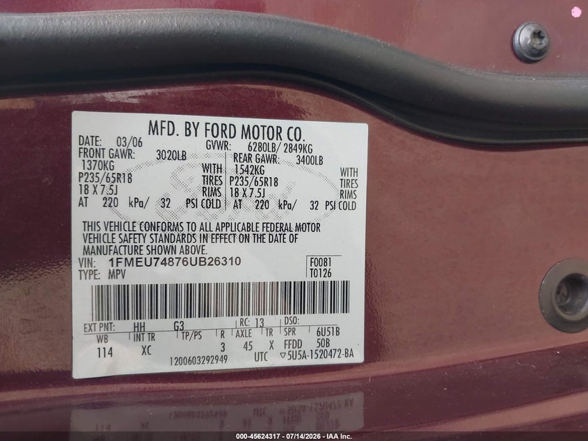 2006 Ford Explorer VIN 1FMEU74876UB26310 IAAI salvage auction — FRONT END, Salvage (Pennsylvania), sold $375 on 2026-07-29 (photo 9)