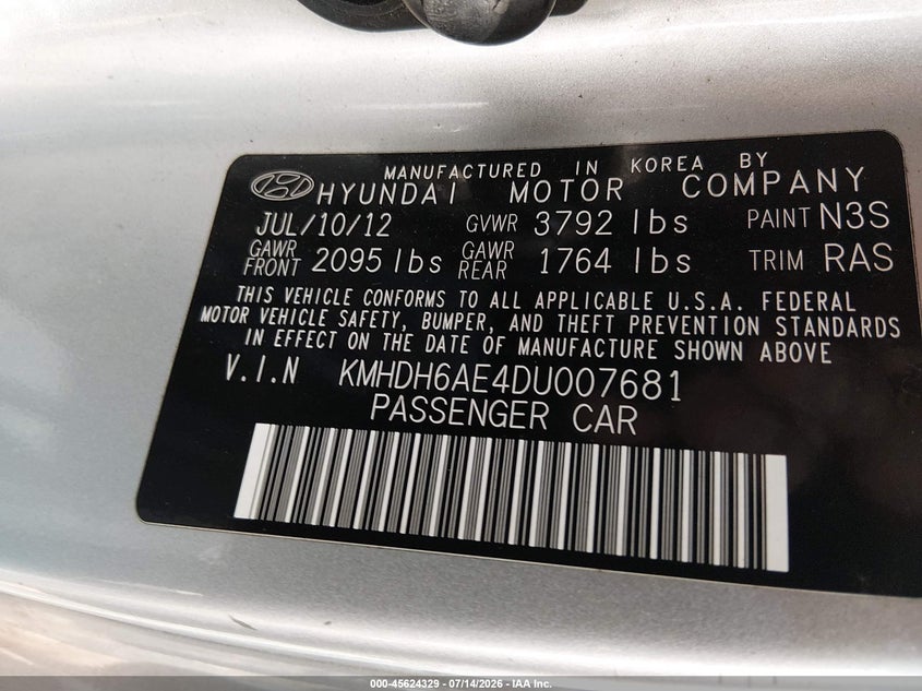 2013 Hyundai Elantra VIN KMHDH6AE4DU007681 IAAI salvage auction — NORMAL WEAR, Clear (Virginia), sold $350 on 2026-07-30 (photo 9)
