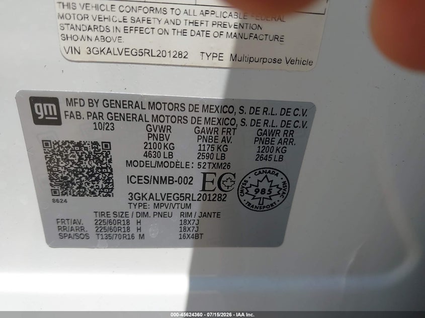 2024 Gmc Terrain VIN 3GKALVEG5RL201282 IAAI salvage auction — RIGHT FRONT, Salvage Title, sold $11,500 on 2026-08-26 (photo 9)