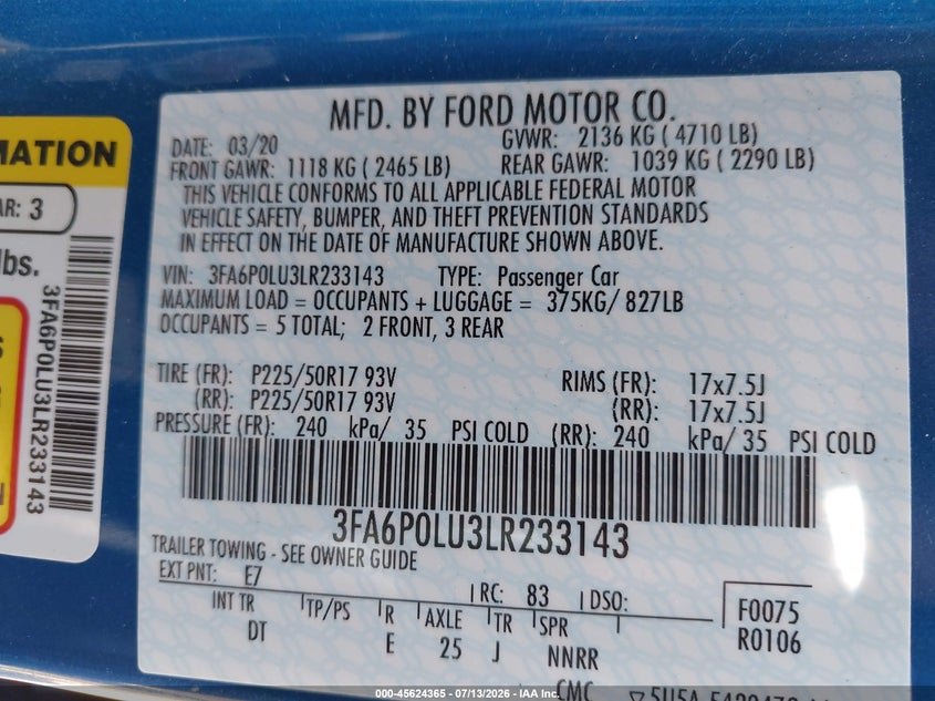2020 Ford Fusion VIN 3FA6P0LU3LR233143 IAAI salvage auction — NORMAL WEAR, SF97 (Maine), sold $9,600 on 2026-07-31 (photo 9)
