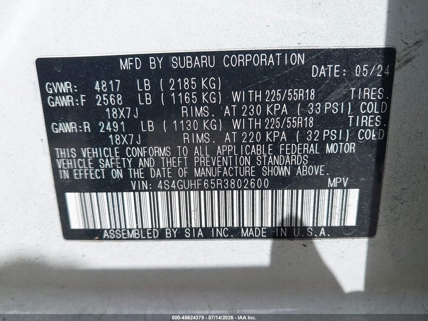 2024 Subaru Xv VIN 4S4GUHF65R3802600 IAAI salvage auction — FRONT END, Wait Title, sold $7,600 on 2026-08-25 (photo 9)