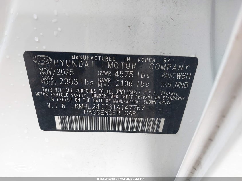 2026 Hyundai Sonata hybrid VIN KMHL24JJ3TA147767 IAAI salvage auction — ENGINE DAMAGE, Enterprise Vehicles Clear Only (Texas), sold $17,900 on 2026-07-20 (photo 9)
