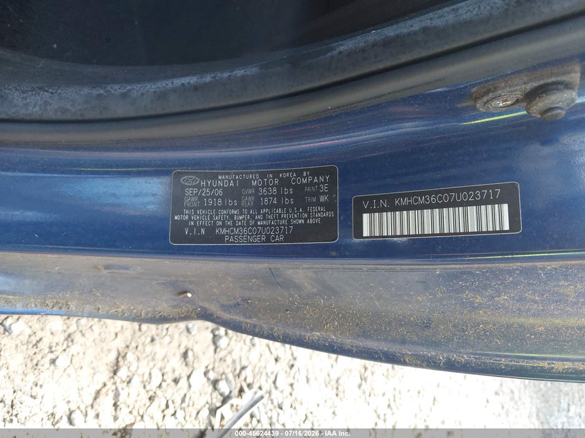 2007 Hyundai Accent VIN KMHCM36C07U023717 IAAI salvage auction — NORMAL WEAR, Clear (South Carolina), sold $25 on 2026-07-21 (photo 9)