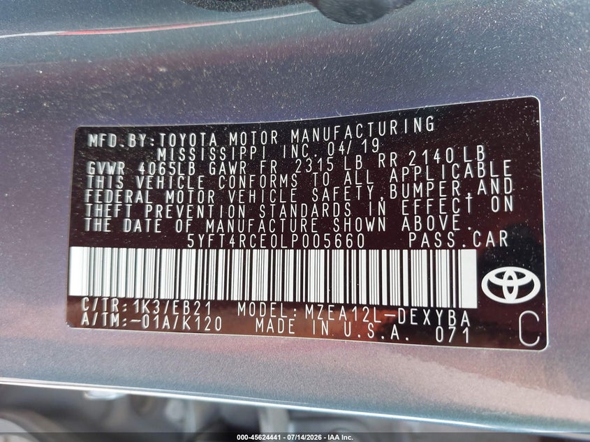 2020 Toyota Corolla VIN 5YFT4RCE0LP005660 IAAI salvage auction — SIDE, Salvage (Alabama), sold $4,650 on 2026-07-31 (photo 9)
