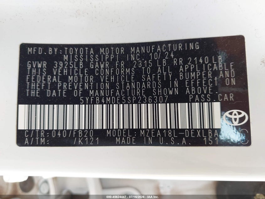 2025 Toyota Corolla VIN 5YFB4MDE5SP236307 IAAI salvage auction — FRONT END, Enterprise Vehicles Clear Only (Nevada), sold $10,000 on 2026-07-22 (photo 9)