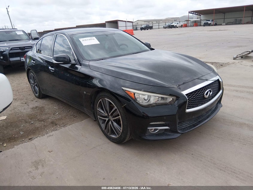 2014 Infiniti Q50 VIN JN1BV7AP9EM671930 IAAI salvage auction — LEFT FRONT, Original (Texas), sold $1,175 on 2026-07-28 (photo 1)