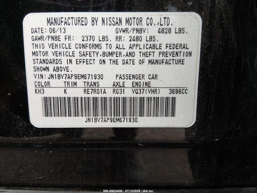 2014 Infiniti Q50 VIN JN1BV7AP9EM671930 IAAI salvage auction — LEFT FRONT, Original (Texas), sold $1,175 on 2026-07-28 (photo 9)