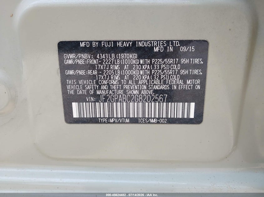 2016 Subaru Xv VIN JF2GPABC2G8202567 IAAI salvage auction — WATER/FLOOD, Salvage Title, sold $1,650 on 2026-08-02 (photo 9)