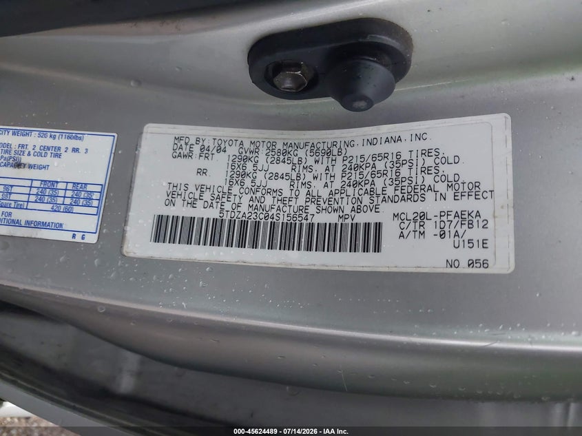 2004 Toyota Sienna VIN 5TDZA23C04S156547 IAAI salvage auction — NORMAL WEAR, Original (Texas), sold $775 on 2026-07-16 (photo 9)