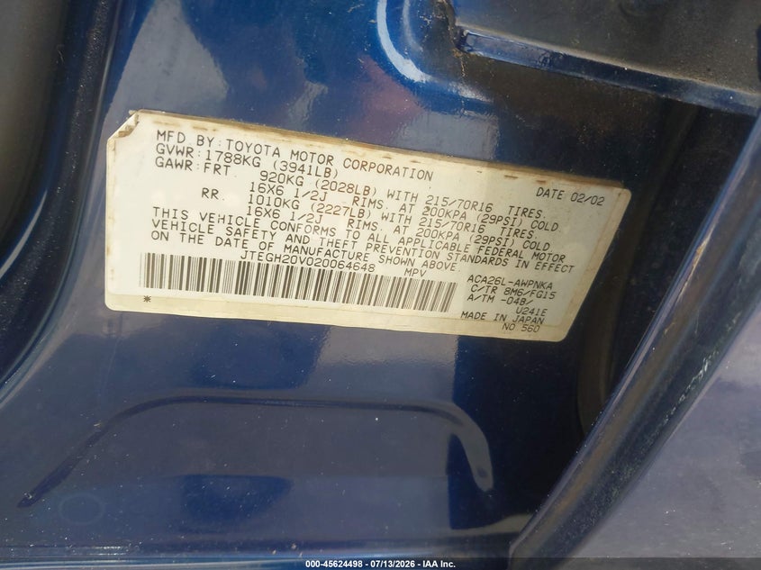 2002 Toyota Rav4 VIN JTEGH20V020064648 IAAI salvage auction — NORMAL WEAR, Clear (Florida), sold $850 on 2026-07-20 (photo 9)