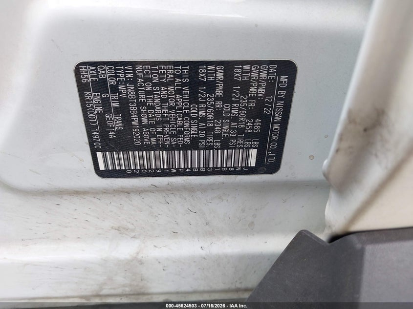 2023 Nissan Rogue VIN JN8BT3BB4PW192020 IAAI salvage auction — ENGINE DAMAGE, Enterprise Vehicles Clear Only (Idaho), sold $25 on 2026-07-29 (photo 9)