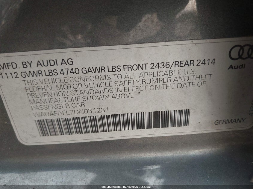 2013 Audi A4 VIN WAUAFAFL7DN031231 IAAI salvage auction — NORMAL WEAR, Clear (New Jersey), sold $425 on 2026-07-29 (photo 9)